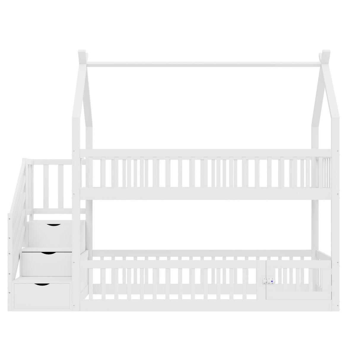 ETAGENBETT 90/200 cm mit Hausdach, Sicherheitstreppe und Schubladen, Weiß - Weiß, Holzwerkstoff (90/200cm) - Redom