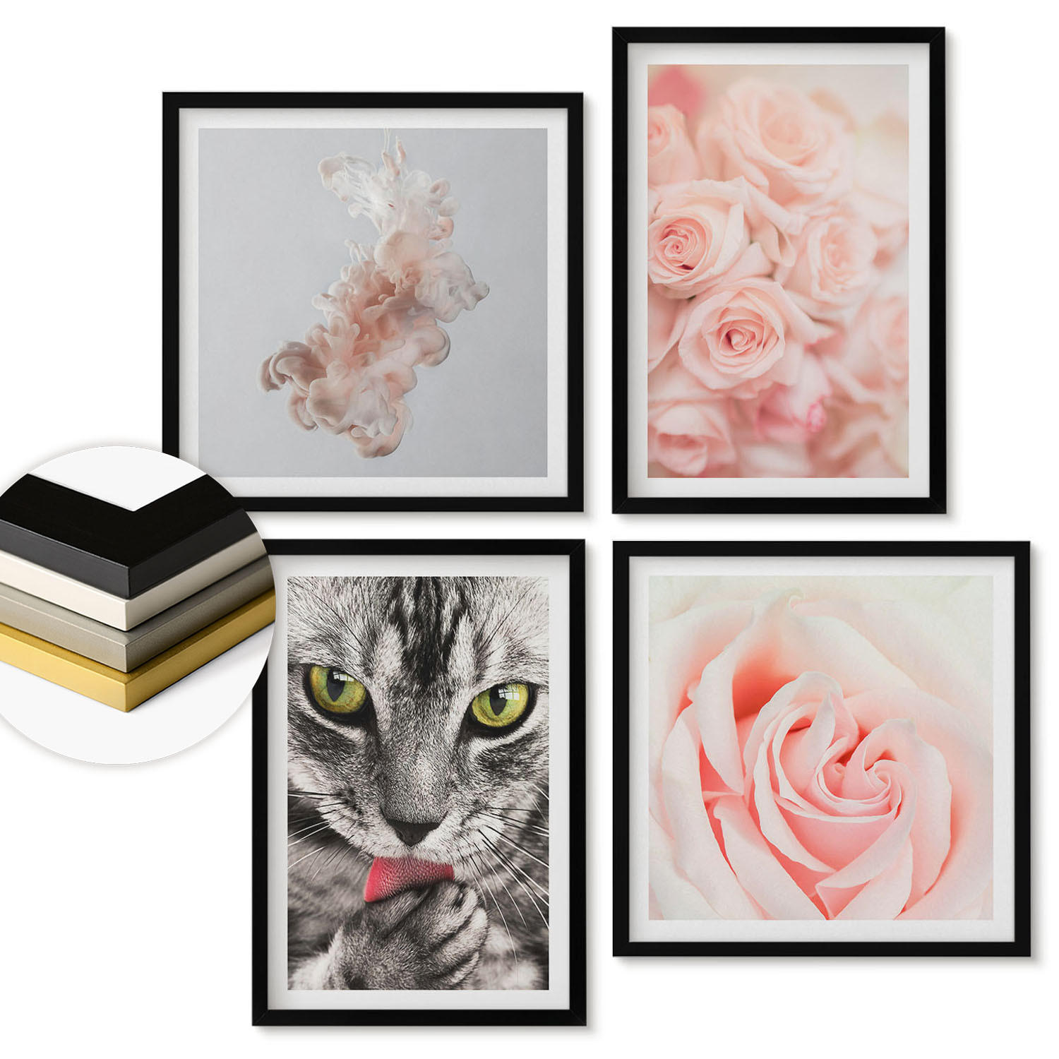 WANDBILDER 4er-Set - 50x50 cm & 40x60 cm Schwarzer Rahmen - Abstrakte Darstellung von grauen Katzenrosen - Schwarz, Kunststoff (50/50cm) - ArtPrintCave