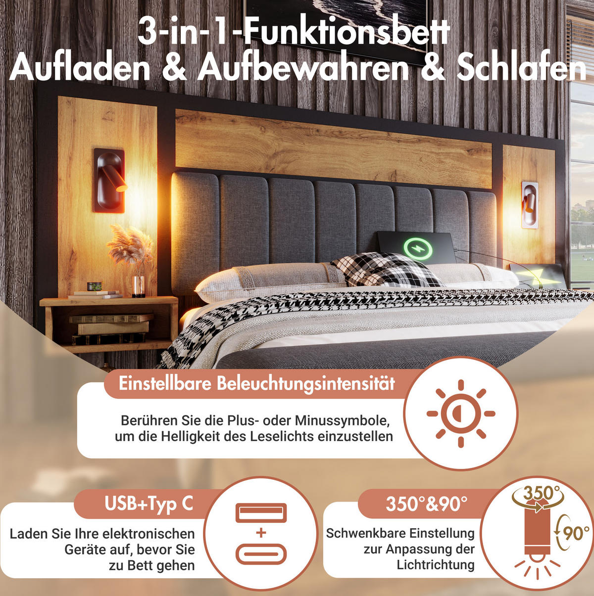 POLSTERBETT 160/200 cm Eiche aus Metall und Holz mit Matratze - Eichefarben, Metall (160/200cm) - OKWISH