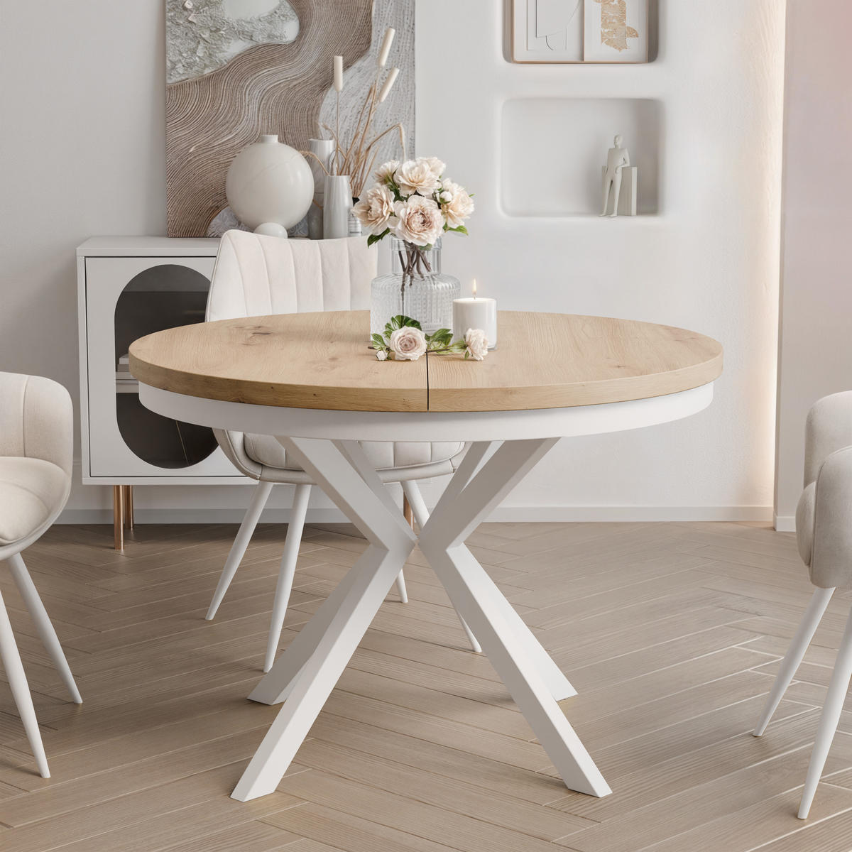 AUSZIEHTISCH MILTON 90-166/76 cm mit Metallgestell, Weiß / Artisan-Eiche - Weiß/Eiche Artisan, Holzwerkstoff/Metall (90/90/76cm) - Idohome
