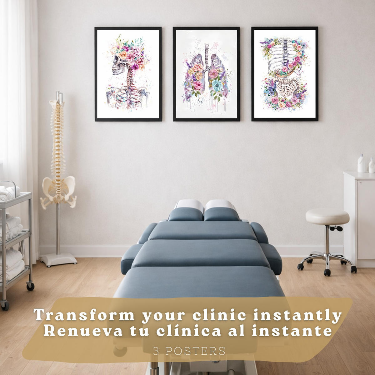 POSTER Set aus 3 Anatomie Drucke mit Skelett Schädel Wirbelsäule Rippen Lungen und Verdauungssystem Künstlerischer Größe Schwarzer Rahmen A3 - Schwarz, Papier (29.7/42/3cm) - Nacnic