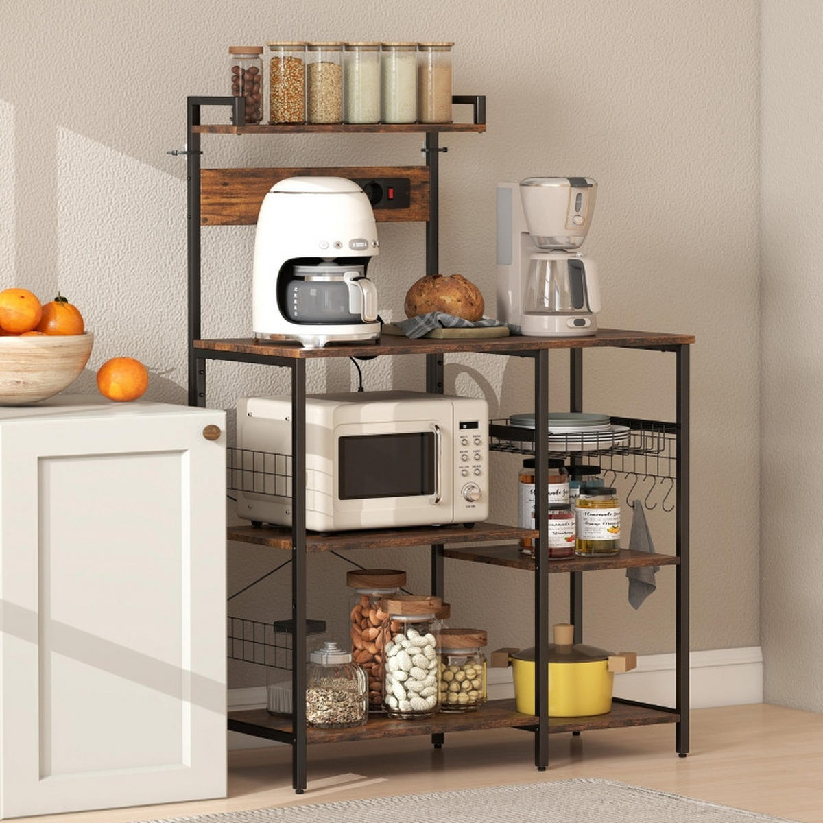 KÜCHENREGAL 90x42x130cm Braun mit verstellbarem Regal, Drahtkorb & Haken - Braun, Holz (90/130/42cm) - Modfu