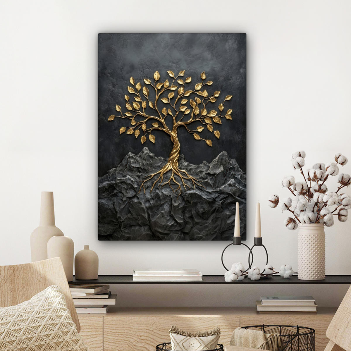 LEINWANDBILD Blätter - Gold - Baum - Fels Wandbild Wohnzimmer 60x80 cm - Schwarz, Textil (60/80cm) - MuchoWow