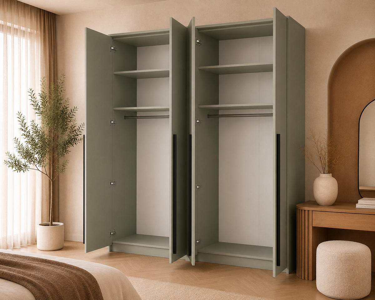 KLEIDERSCHRANK MIT SPIEGEL: Eukalyptus / Griffe Silber, 205 x 65 x 217,2 cm - Silberfarben/Grün, Holzwerkstoff (205/217.2/65cm) - 3XE LIVING