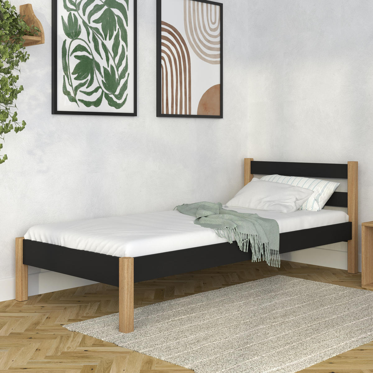 BETT N01 Schwarz / Eiche Natur 100/180 - Schwarz/Eiche Artisan, Naturmaterialien/Holz (100/180cm) - N-Wood