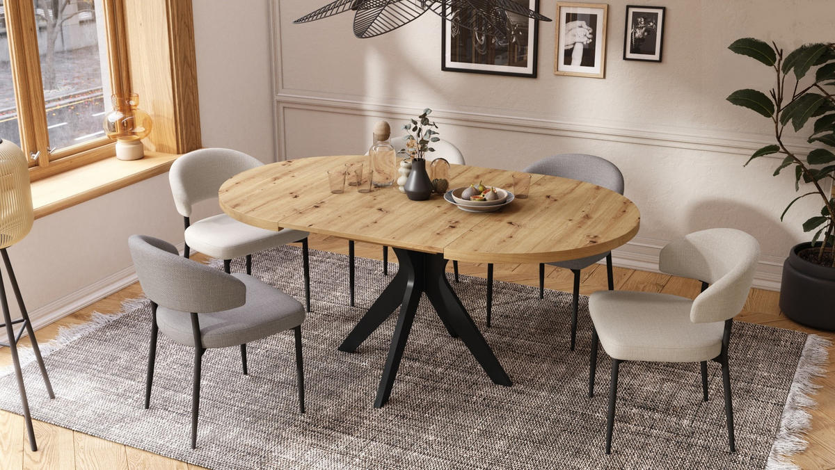 ESSTISCH rund Eiche Artisan - Schwarz matt ausziehbar - Schwarz/Eiche Artisan, Holzwerkstoff (110/110/77cm) - designimpex