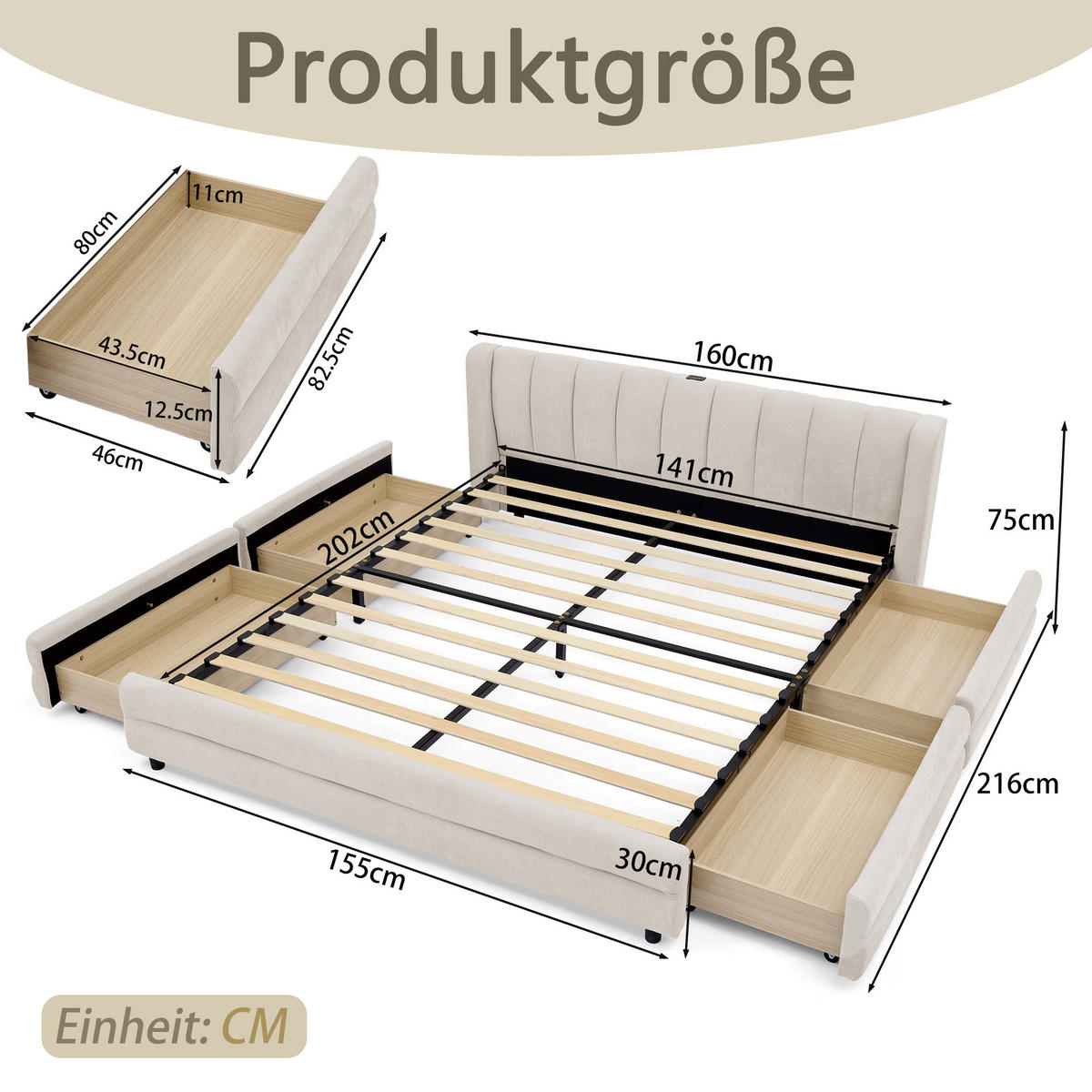 POLSTERBETT 140/200 cm in Beige mit 4 Schubladen, USB und Type-C Chenille - Beige, Holzwerkstoff/Textil (140/200cm) - STILVORA
