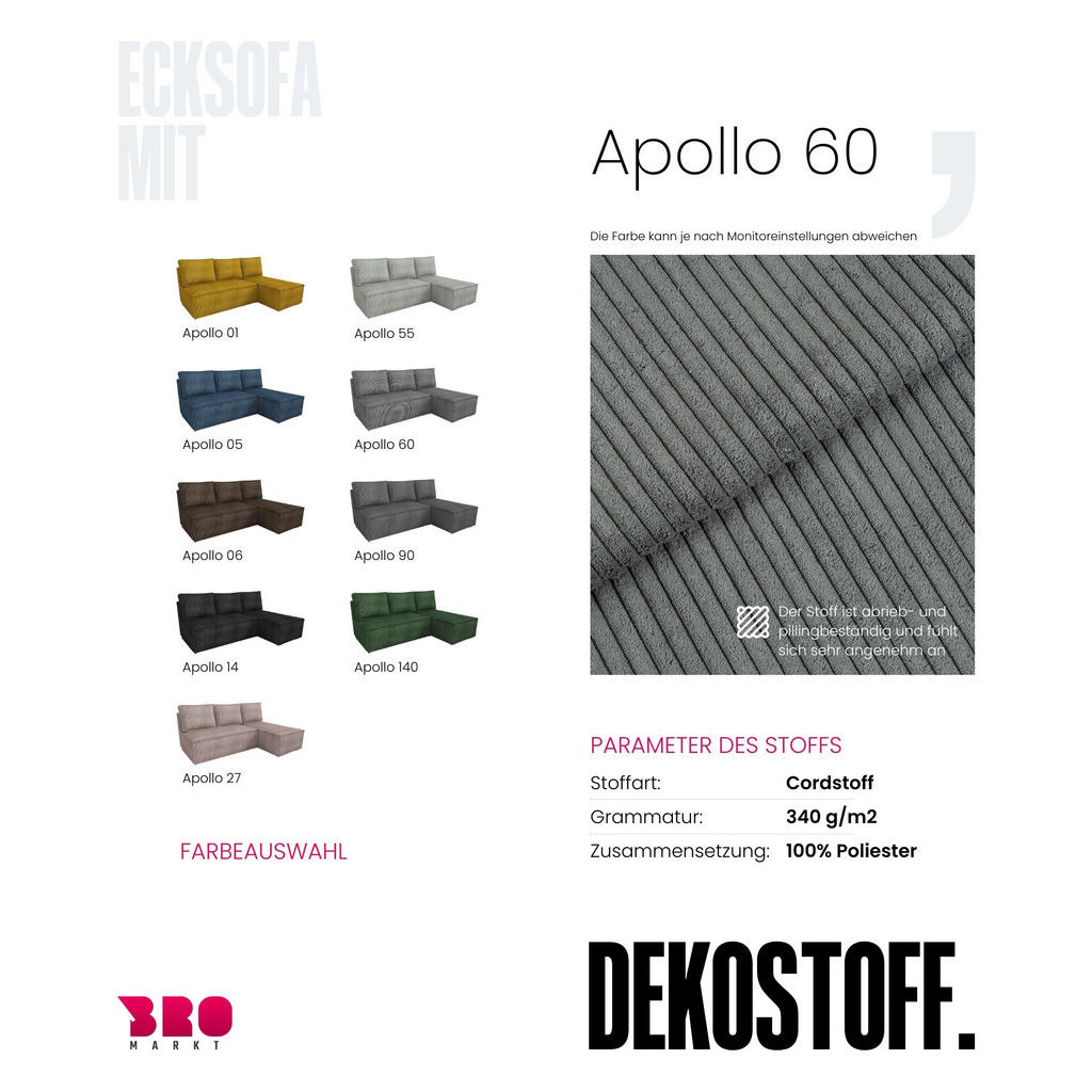 Thumbnail - Bromarkt Ecksofa, Grau, Textil, 3-Sitzer, Ottomane rechts, seitenverkehrt montierbar, L-Form, 200x141 cm, Wohnzimmer, So...