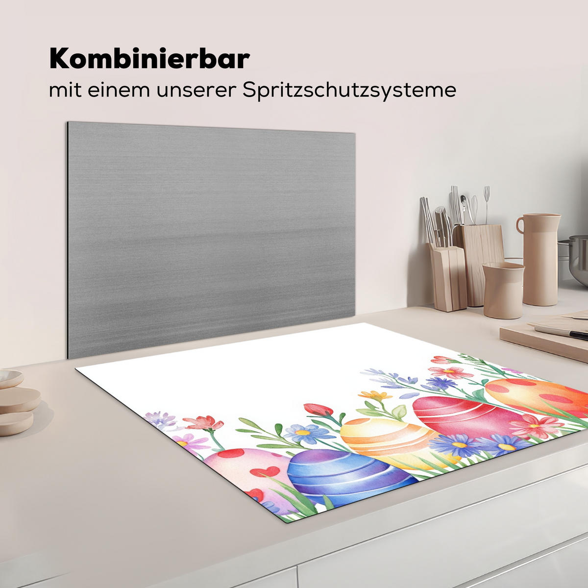 HERDABDECKPLATTE Blumengarten - Bunt - Eier Induktionsmatte 78x78 cm - Weiß, Kunststoff (78/78/0.2cm) - MuchoWow