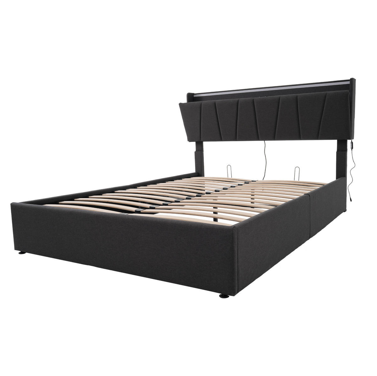 POLSTERBETT 140/200 cm mit LED-Beleuchtung, USB-, Type-C- und Steckdosenanschluss, Stauraum-Kopfteil, Grau - Grau, Textil (140/200cm) - Redom