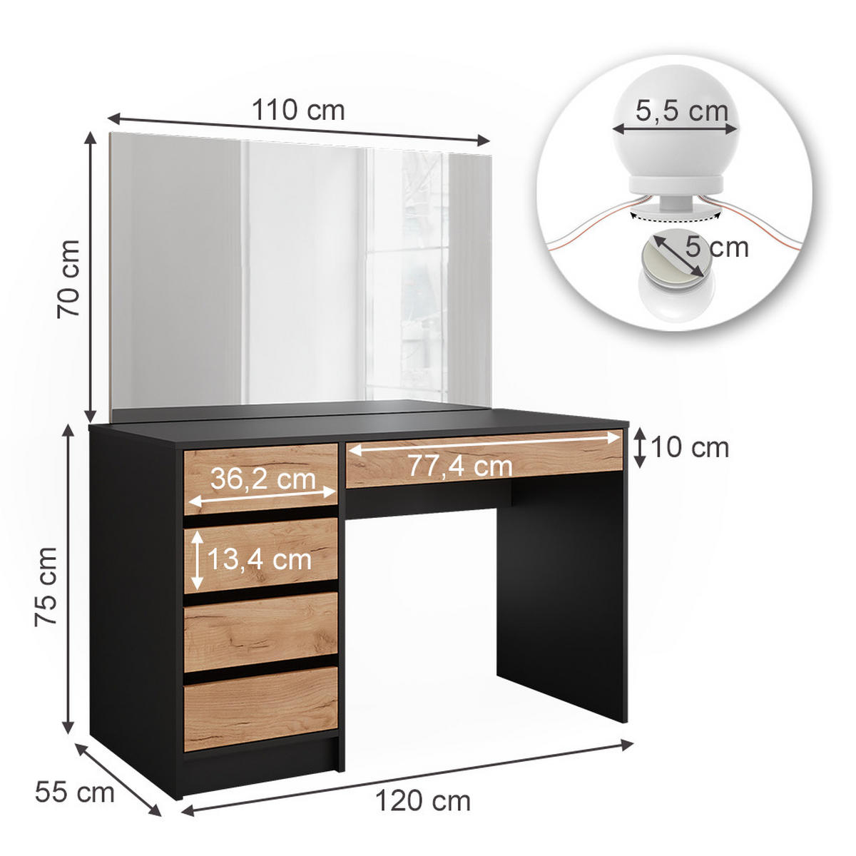 SCHMINKTISCH Sherry Anthrazit/Goldkraft Eiche 120 x 75 cm mit Spiegel & LED-Beleuchtung - Honigeiche/Anthrazit, Holzwerkstoff (120/75/55cm) - Vicco