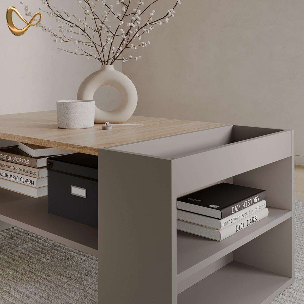 COUCHTISCH Piave Greige mit Regalen - Greige, Holzwerkstoff (55/100/42cm) - Livinity®