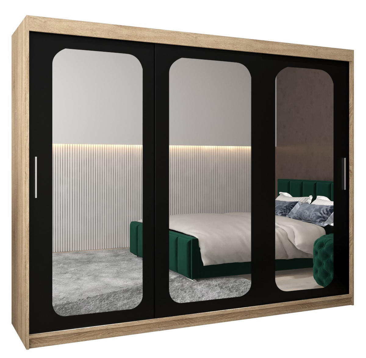 SCHWEBETÜRENSCHRANK 200/250/62 3-türig - Silberfarben/Schwarz, Holz/Kunststoff (250/200/62cm) - Abiks Möbel
