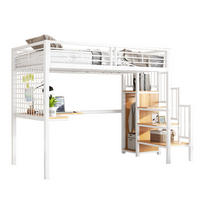 HOCHBETT aus Metall und MDF 90x200 cm Weiß/Natur mit Schreibtisch, Kleiderschrank und seitlicher Holztreppe - Weiß, Holzwerkstoff (90/200cm) - Modfu