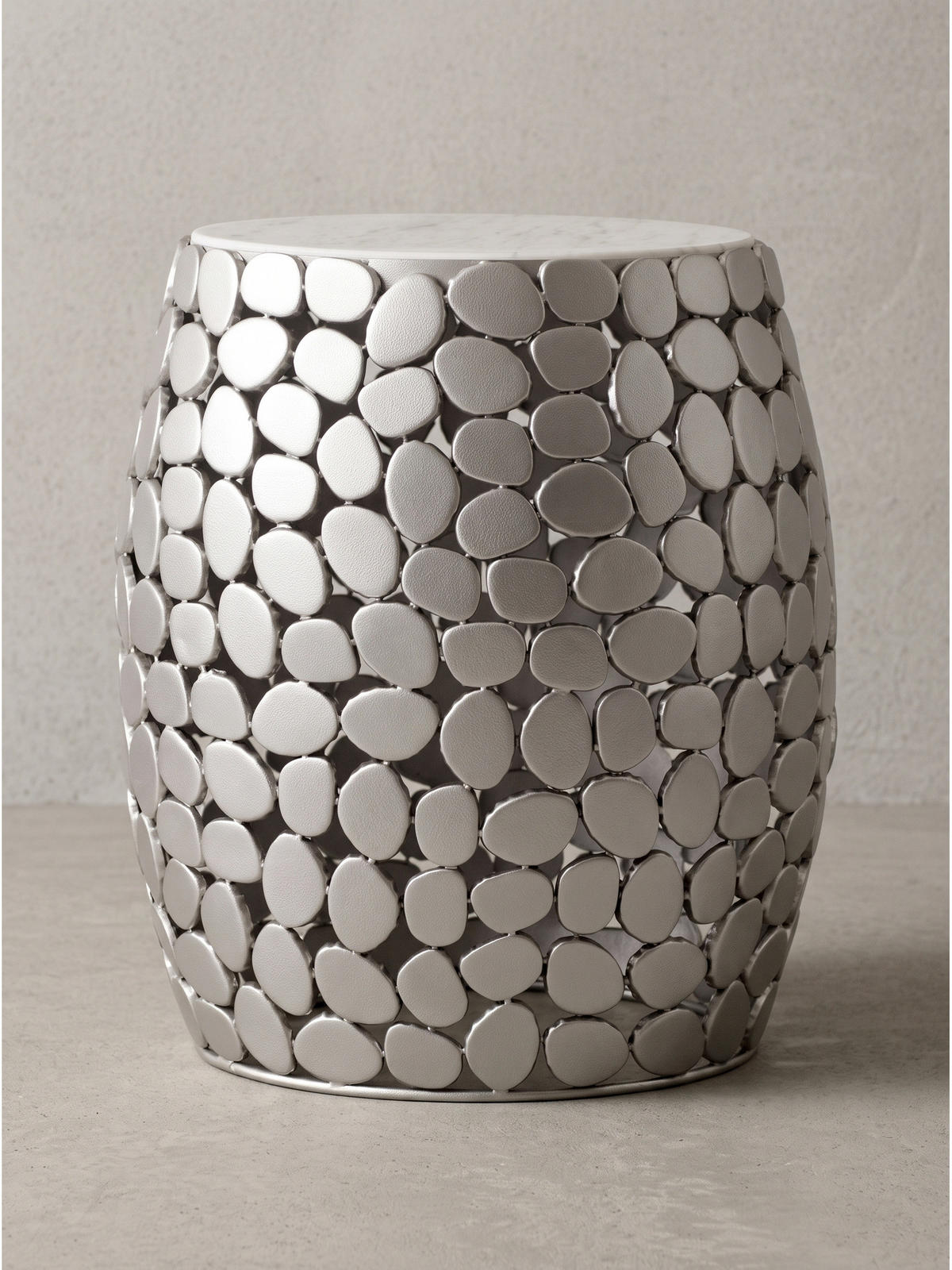 BEISTELLTISCH DIEMEL, Marmor, handgefertigt, Silber-Weiß, Ø 40 x 46 cm - Silberfarben, Stein/Metall (40/40/46cm) - KADIMA DESIGN