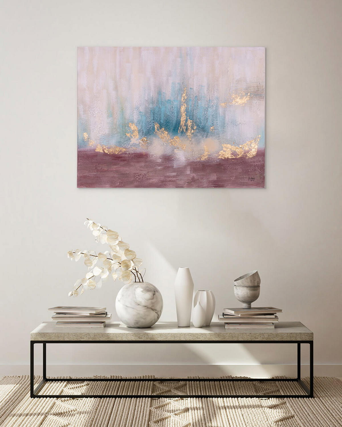 RUČNE MAĽOVANÝ AKRYLOVÝ OBRAZ 100/75 cm, tyrkysový, abstraktný geometrický motív - tyrkysová, drevo/textil (100/75cm) - KUNSTLOFT