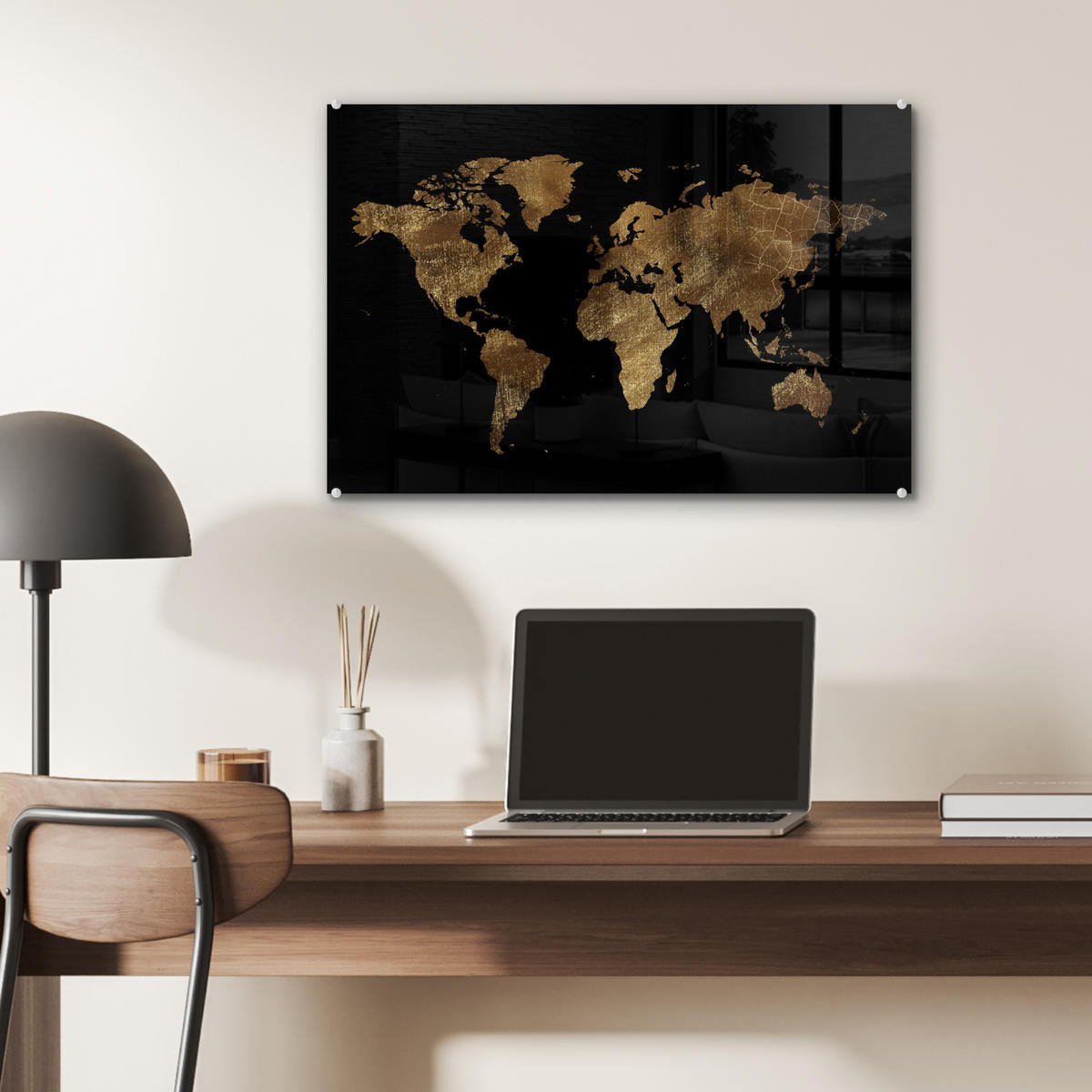 ACRYLGLASBILD Weltkarte - Gold - Luxus - Erde - Schwarz 60x40 cm - Goldfarben, Glas (60/40cm) - MuchoWow