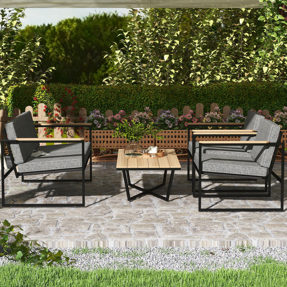 GARTENMÖBEL SET DE-06485 wetterfest, 2er Sofa, 2 Stühle, Beistelltisch Grau - Grau, Textil/Metall - ComfortXL