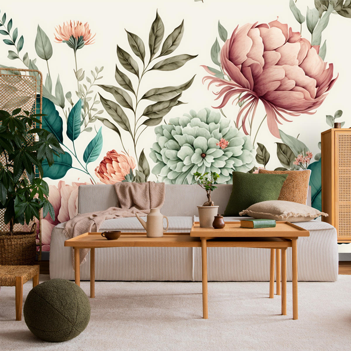 FOTOTAPETA Pre Spálňu Pastelové Pivonky Kvety Listy 200 x 140 cm - modrá/zelená, papier (200/140cm) - Muralo