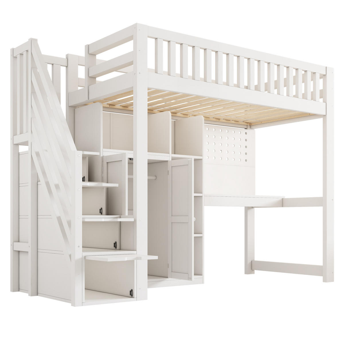 VYSOKÁ posteľ 90/200 cm biela z dreva s písacím stolom, skriňou a úložným priestorom - biela, kompozitné drevo (90/200cm) - OKWISH