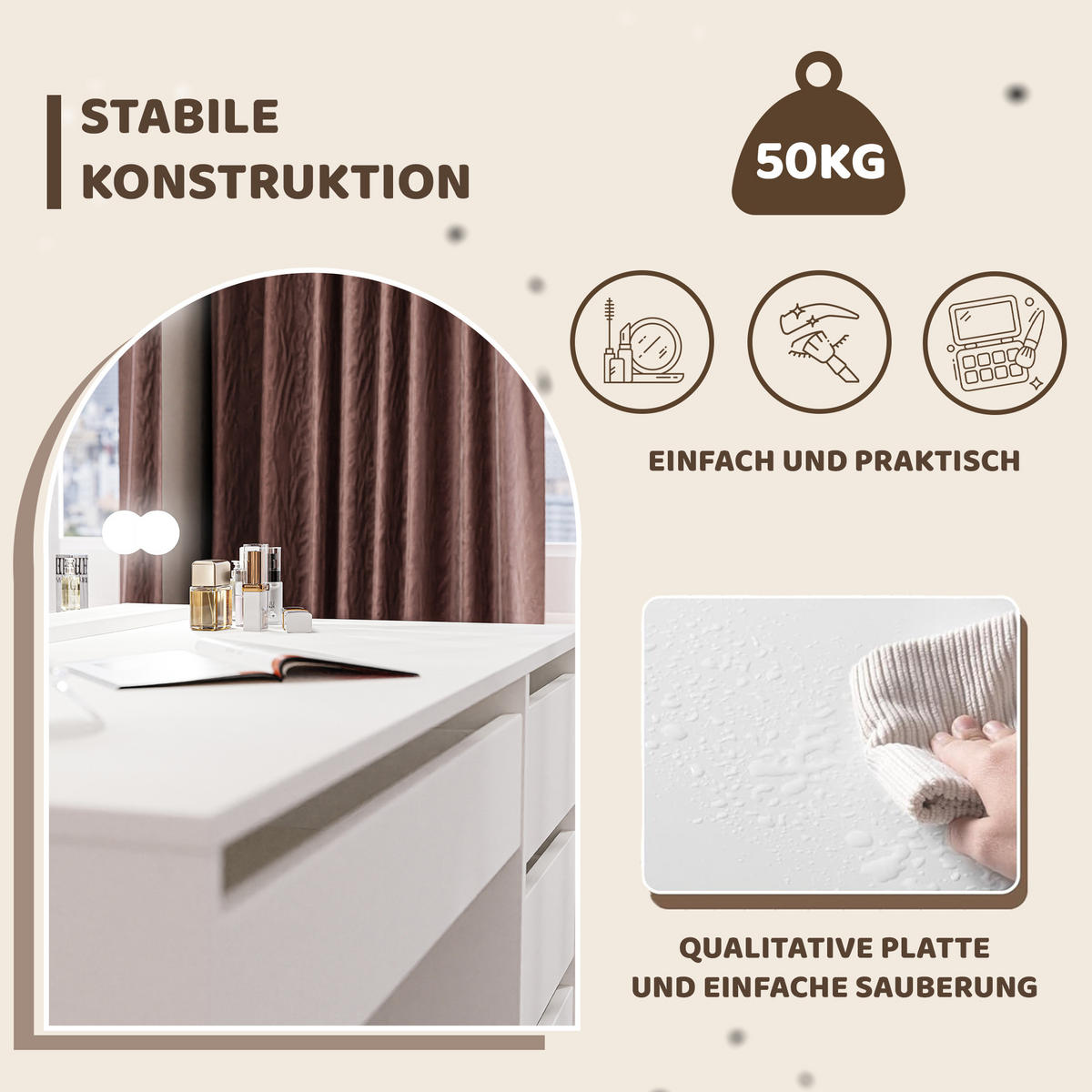 SCHMINKTISCH Bella Weiß 110 cm mit Spiegel und LED Beleuchtung - Weiß, Holzwerkstoff (110/77/55cm) - Idohome