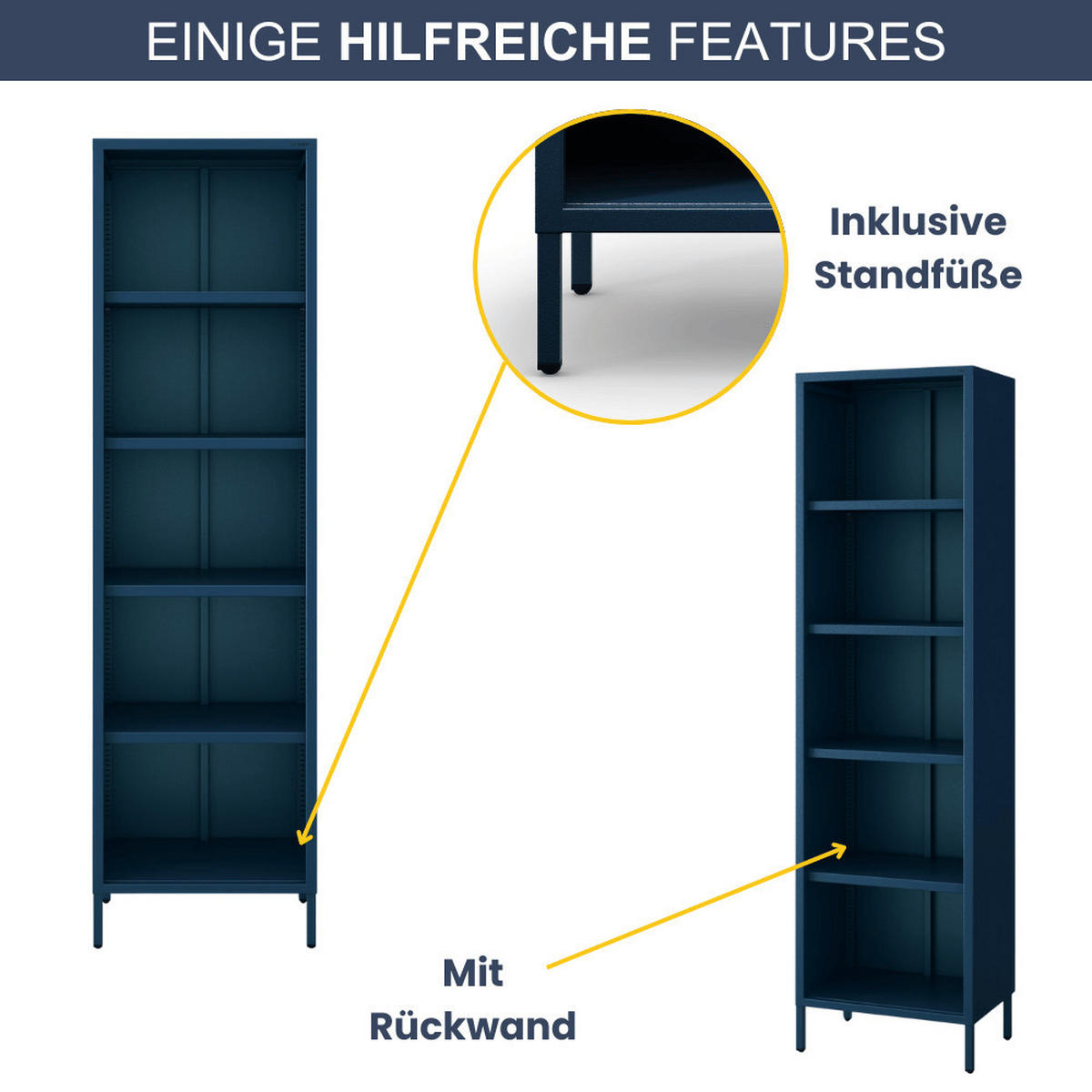 BÜCHERREGAL Metall CLIEN 5 Ebenen 180x50x35cm Dunkelblau - Dunkelblau, Metall (50/180/35cm) - DELUKE