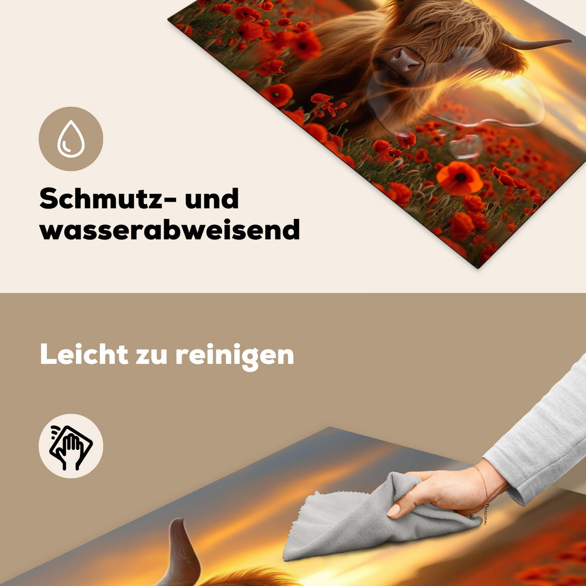 HERDABDECKPLATTE Schottische Highlander - Rosen - Blumenfeld - Sonnenuntergang Induktionsmatte 83x51 cm - Rotbraun, Kunststoff (83/51.5/0.2cm) - MuchoWow