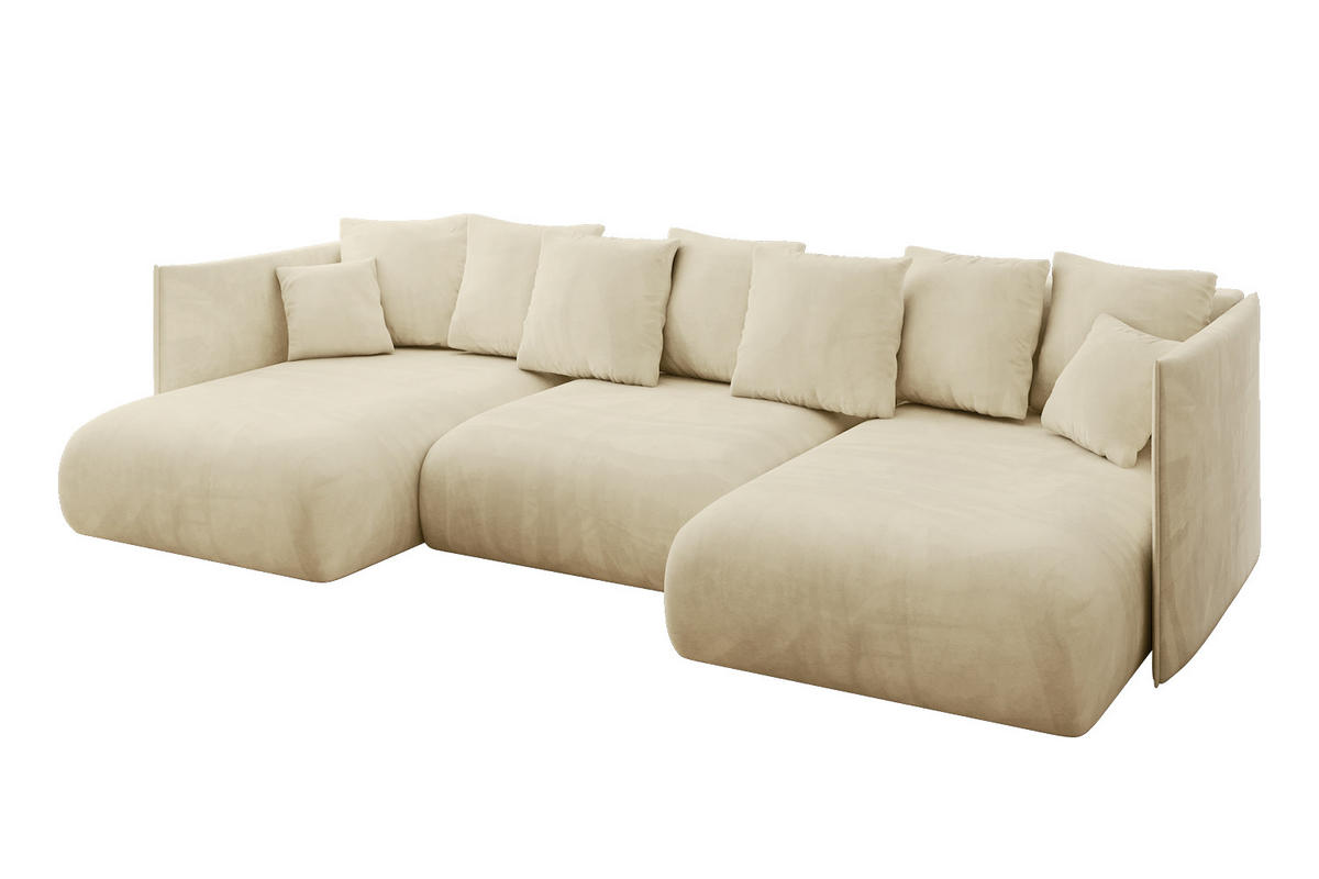 WOHNLANDSCHAFT mit Schlaffunktion und Bettkasten ONESK-U 304x165x40 Beige Velours - Beige, Holzwerkstoff/Kunststoff (304/90/165cm) - ALTDECOR