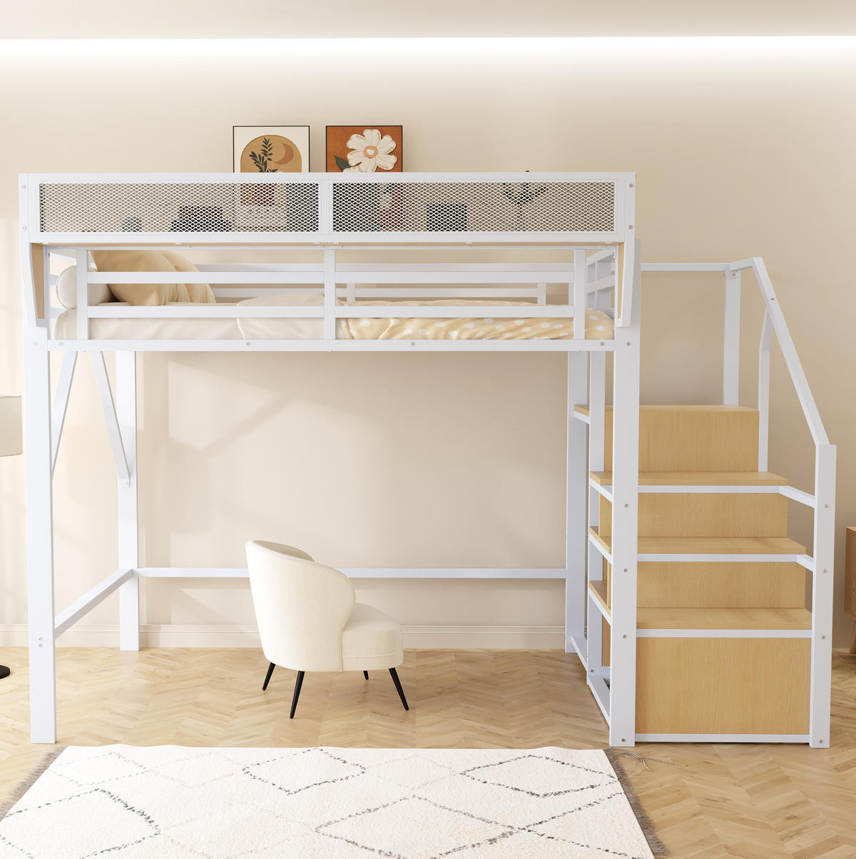 HOCHBETT 140/200 cm aus Metall und MDF mit Sicherheitsleiter und flexiblem Regal Weiß - Weiß, Metall (140/200cm) - Modenvie