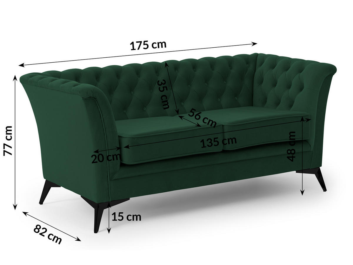 SITZGARNITUR 3+2+1 Chesterfield Whitby Flaschengrün Samt mit schwarzen Füßen - Dunkelgrün/Schwarz, Holz/Textil (237/78/82cm) - S-Style Möbel