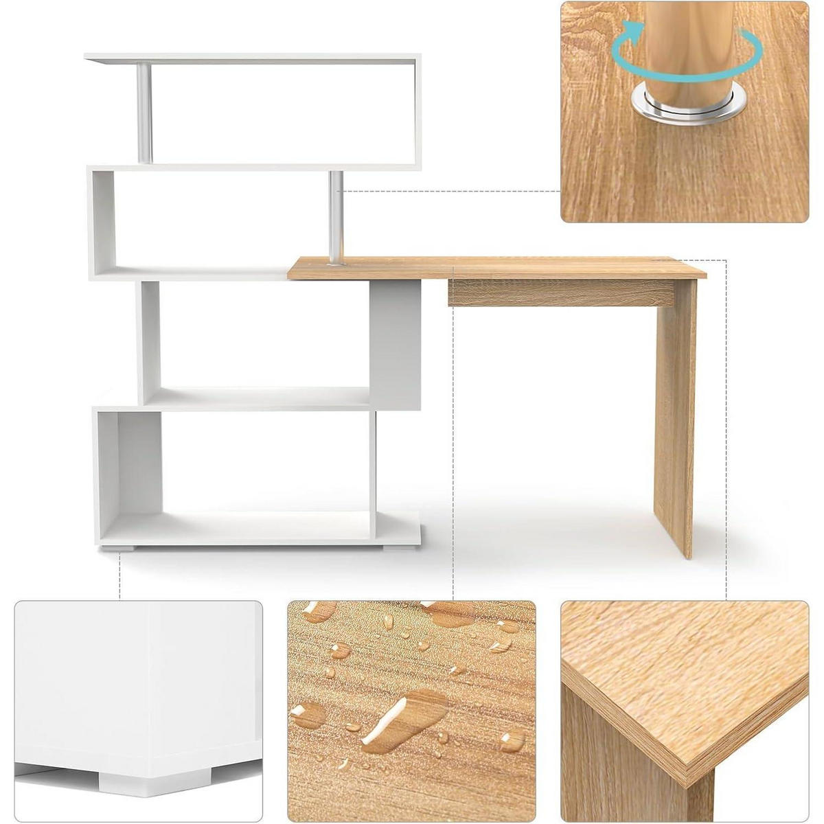COMPUTERTISCH L-Form mit drehbarem Bücherregal Eiche/Weiß 157 x 45 x 130,5 cm - Multicolor, Holzwerkstoff (45/157/130.5cm)