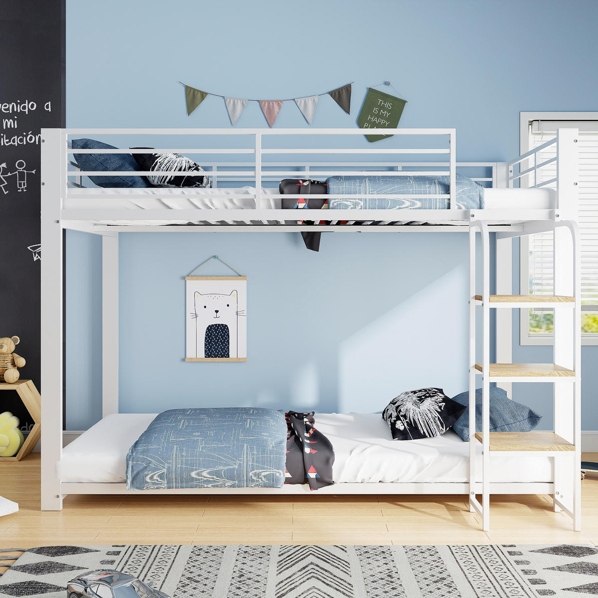 ETAGENBETT 90/200 cm in Weiß/Walnuss mit Leiter und Rausfallschutz - Weiß, Metall (90/200cm) - Modenvie