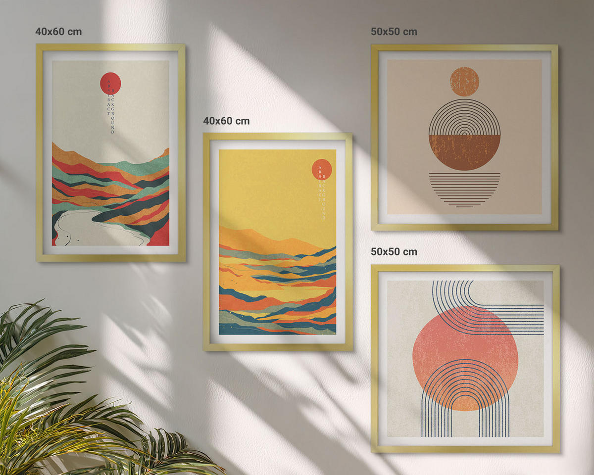 WANDBILDER 4er Set - 50x50 cm & 40x60 cm Goldrahmen - Farbenfrohe Muster der Japandi-Flussberge - Goldfarben, Kunststoff (50/50cm) - ArtPrintCave