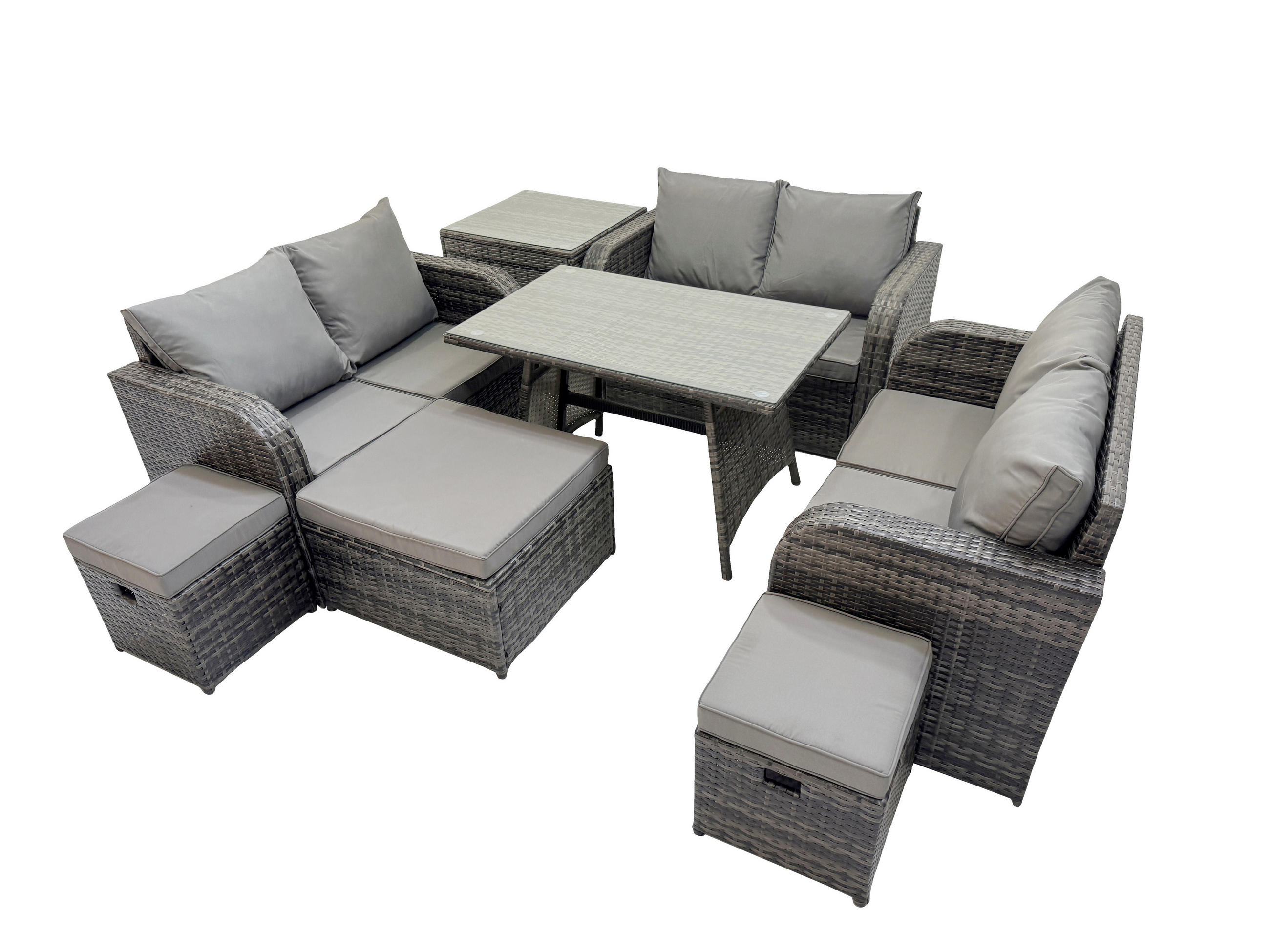 GARTENMÖBELSET mit ESSTISCH,SOFA Polyrattan 9-Sitzer - Dunkelgrau/Grau, Glas/Kunststoff - Fimous