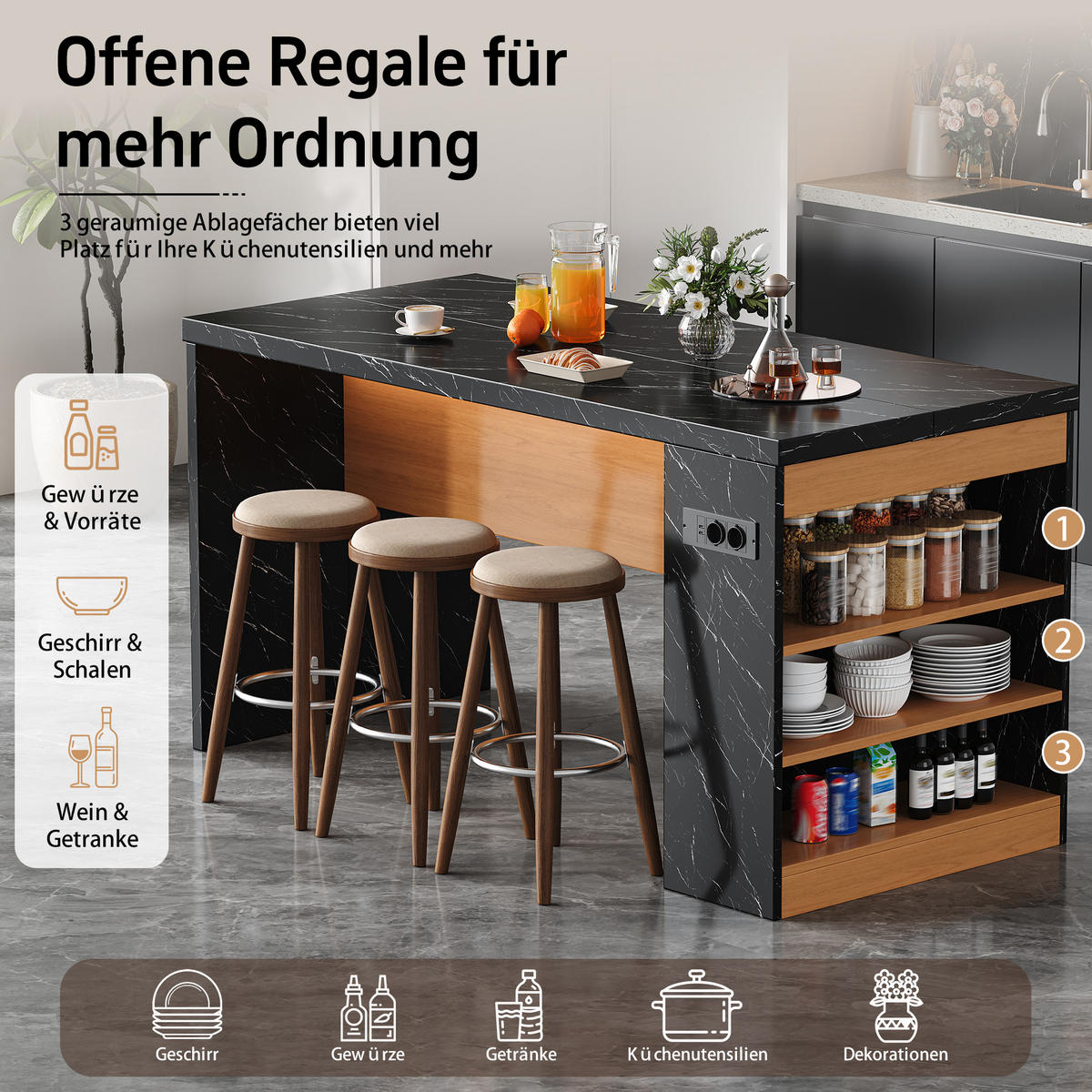 KUCHYŇSKÝ OSTRŮVEK v přírodní a černé barvě s LED osvětlením a zásuvkou, 155×80×90 cm - přírodní/černá, kompozitní dřevo (155/90/80cm) - STILVORA