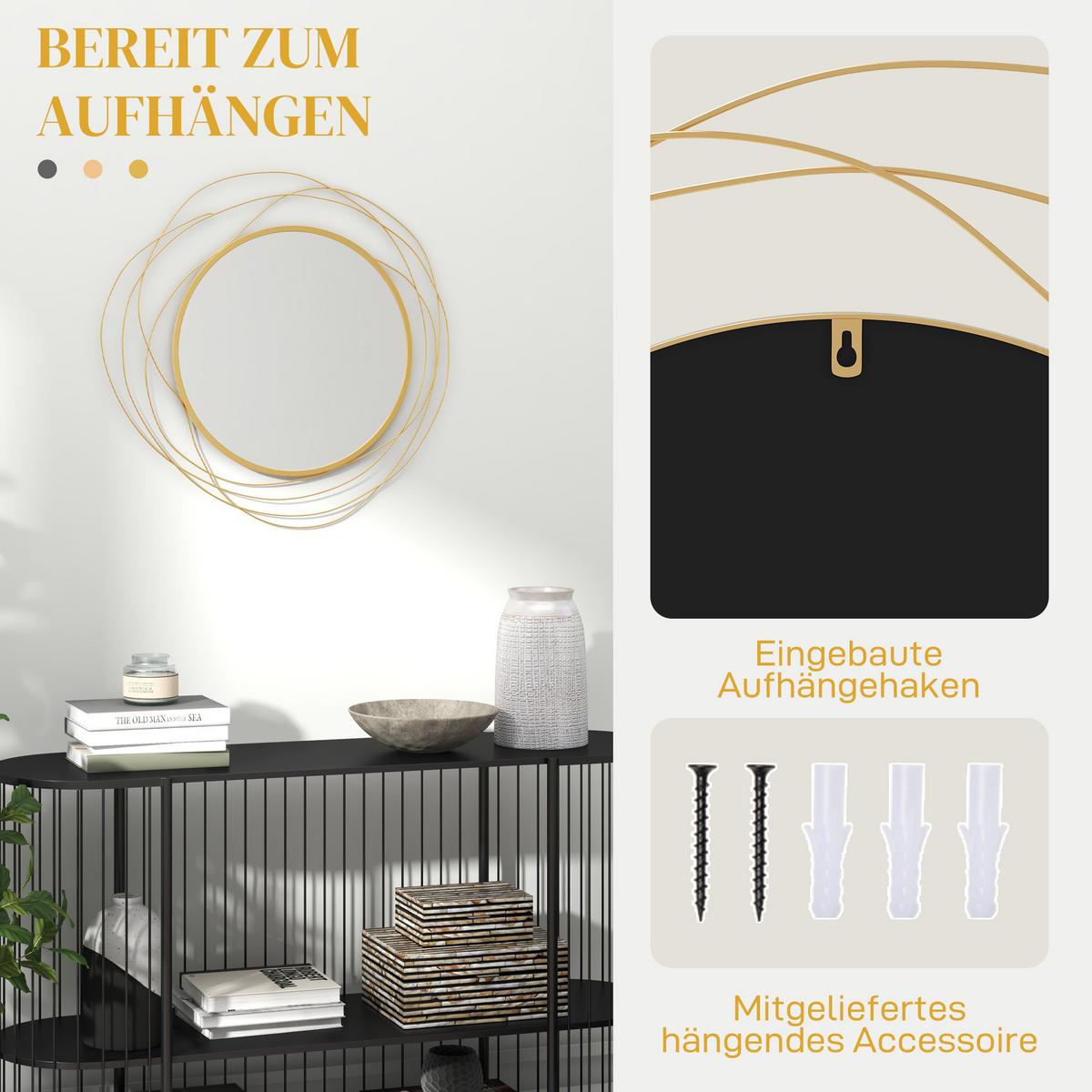 WANDSPIEGEL, Metall, Glas, Gold - Goldfarben, Metall (1/65/65cm) - HOMCOM