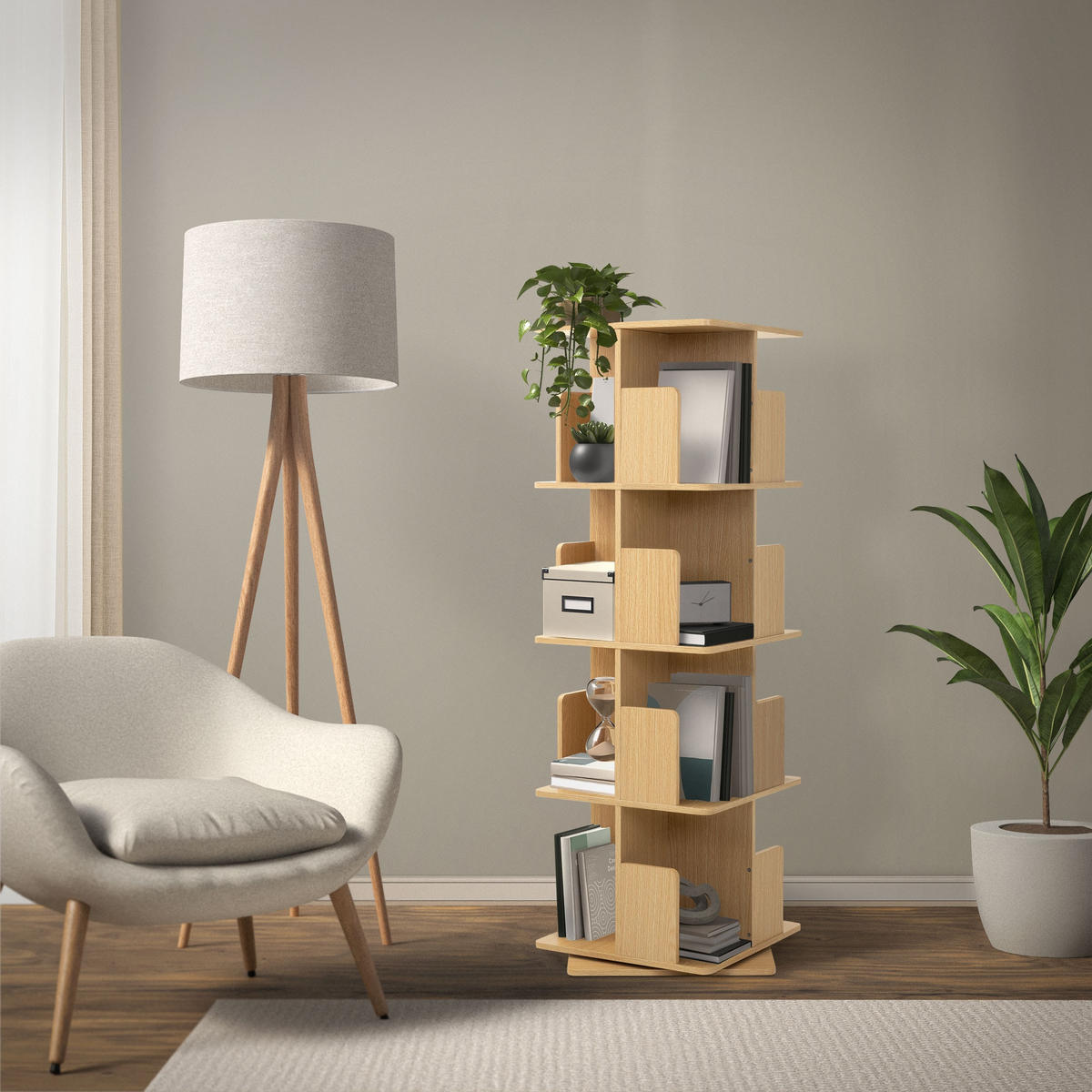 BÜCHERREGAL Kinder mit 4 Ebenen Eiche 40x124,5x40 cm Drehbar 360 Grad - Beige, Holzwerkstoff (40/124.5/40cm) - ML-DESIGN