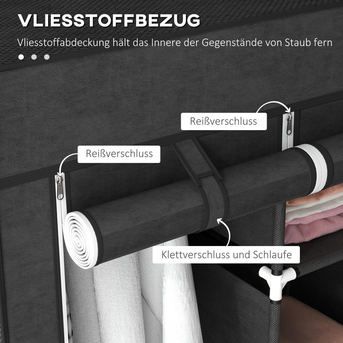KLEIDERSCHRANK aus Stoff 125x43x162,5 cm Schwarz mit 2 Kleiderstangen und 8 Einlegeböden - Schwarz, Textil (125/162.5/43cm) - Modfu