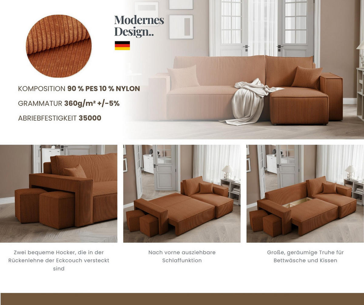 ECKSOFA PARIS mit Schlaffunktion und Bettkasten Orange - Orange, Holzwerkstoff/Kunststoff (262/145cm) - Idohome
