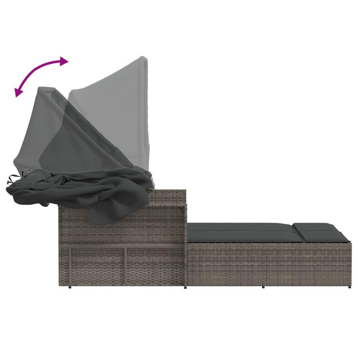 DOPPEL-SONNENLIEGE Mit Dach Und Auflagen Grau Poly Rattan - Grau, Kunststoff (110/149/201cm) - vidaXL