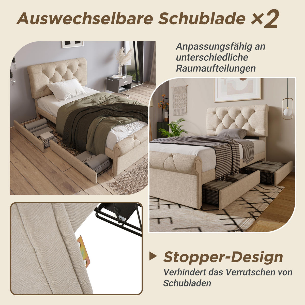 POLSTERBETT 90/200 cm aus Leinen mit 2 Schubladen, höhenverstellbarem Kopfteil und Matratze, Natur - Naturfarben, Metall - Redom