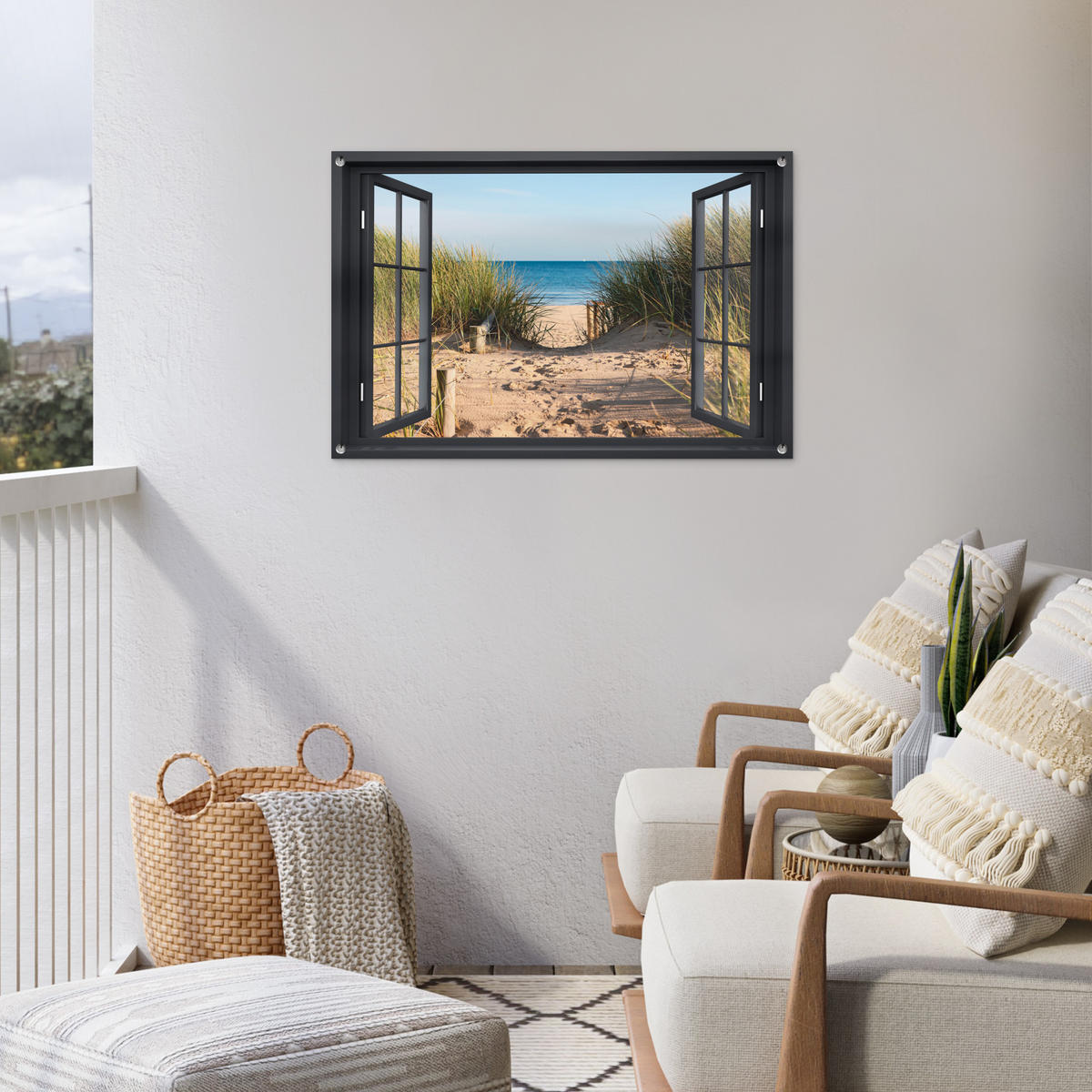 ZAHRADNÍ PLAKÁT Průhled - Pláž - Moře - Písek - Voda - Plážová tráva - Duny 90x60 cm - písková barva, plast (90/60/0.2cm) - OnlyWow