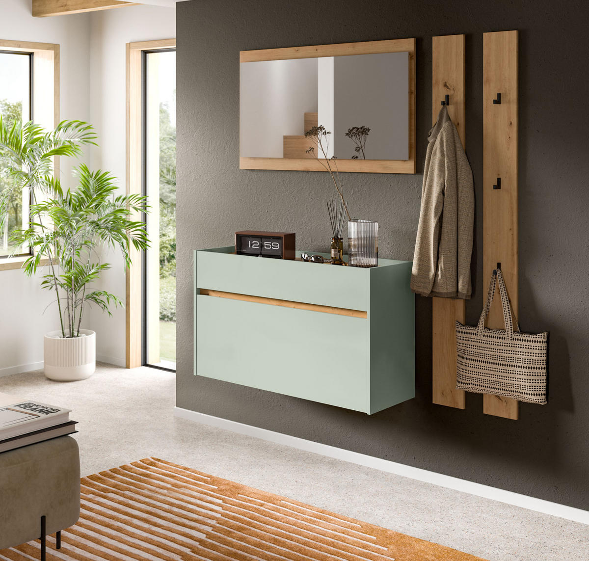 GARDEROBEN-SET Salbei grün, Eiche Artisan 4-teilig 172 cm, Garderobenmöbel hängend - Salbeigrün/Eiche Artisan, Glas/Holzwerkstoff (172/197/32cm) - Inn.Furn