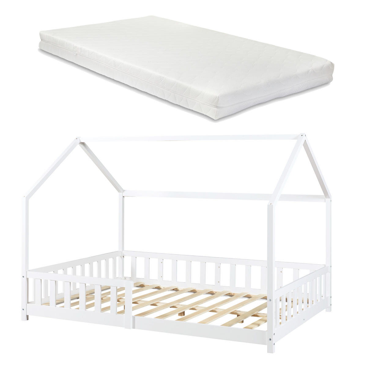 HAUSBETT Hesel mit Matratze - Weiß, Holz/Textil (140/200cm) - [en.casa]