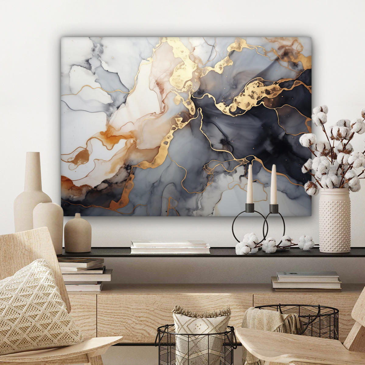 LEINWANDBILD Marmor - Schwarz - Gold - Weiß Wandbilder 80x60 cm - Dunkelgrau, Textil (80/60cm) - MuchoWow