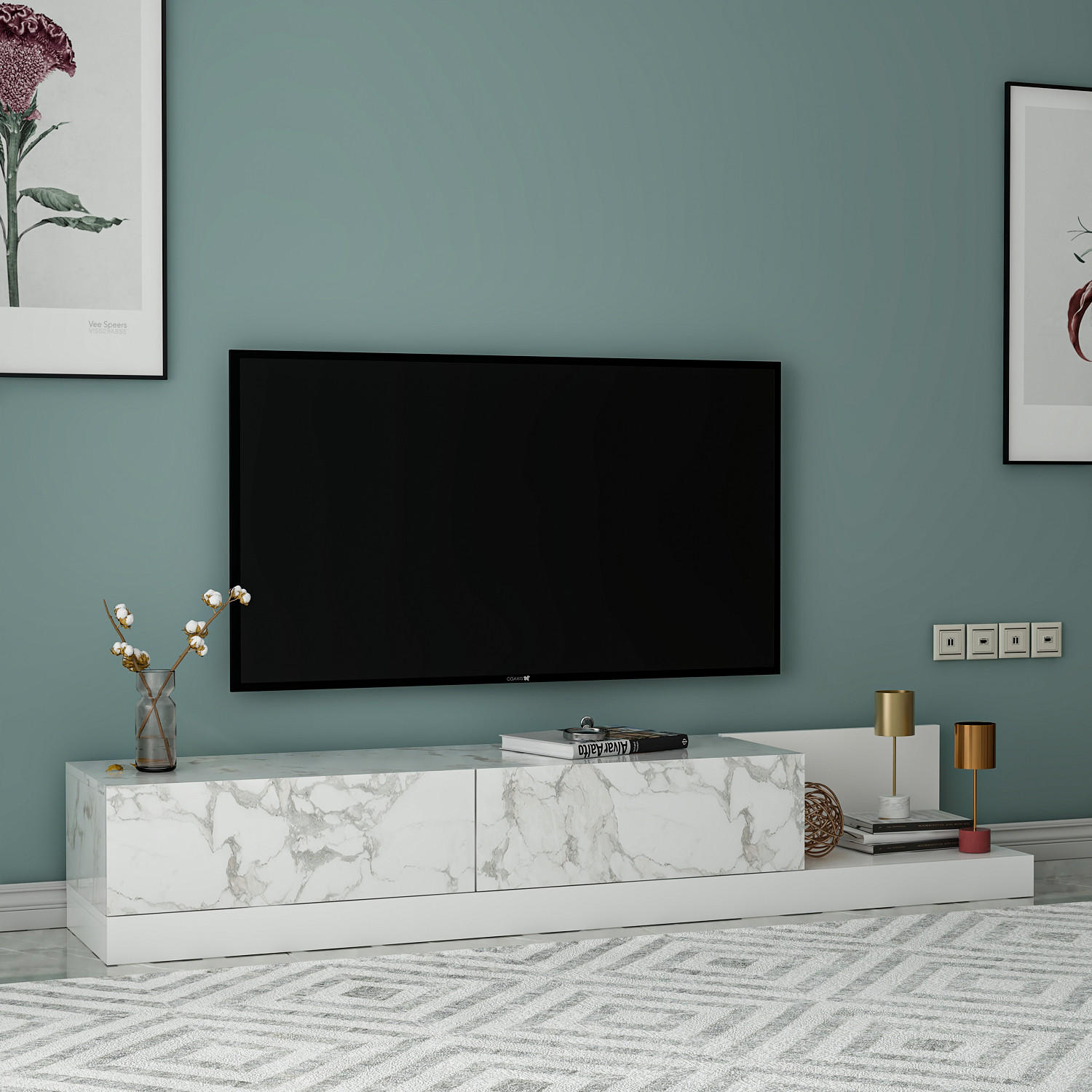 Thumbnail - moebel17 Tv-Lowboard, Weiß, Holzwerkstoff, Marmor Optik, Rechteckig, 180x30x37 cm, Wohnzimmer, Wohnwände, Lowboards, Low...