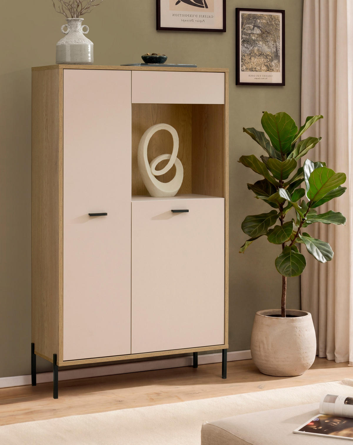VITRINE Kaschmir, Eiche 80 x 150 cm, HIGHBOARD mit Soft-Close - Kaschmir/Eichefarben, Glas/Holzwerkstoff (80/150/35cm) - Furn.Design