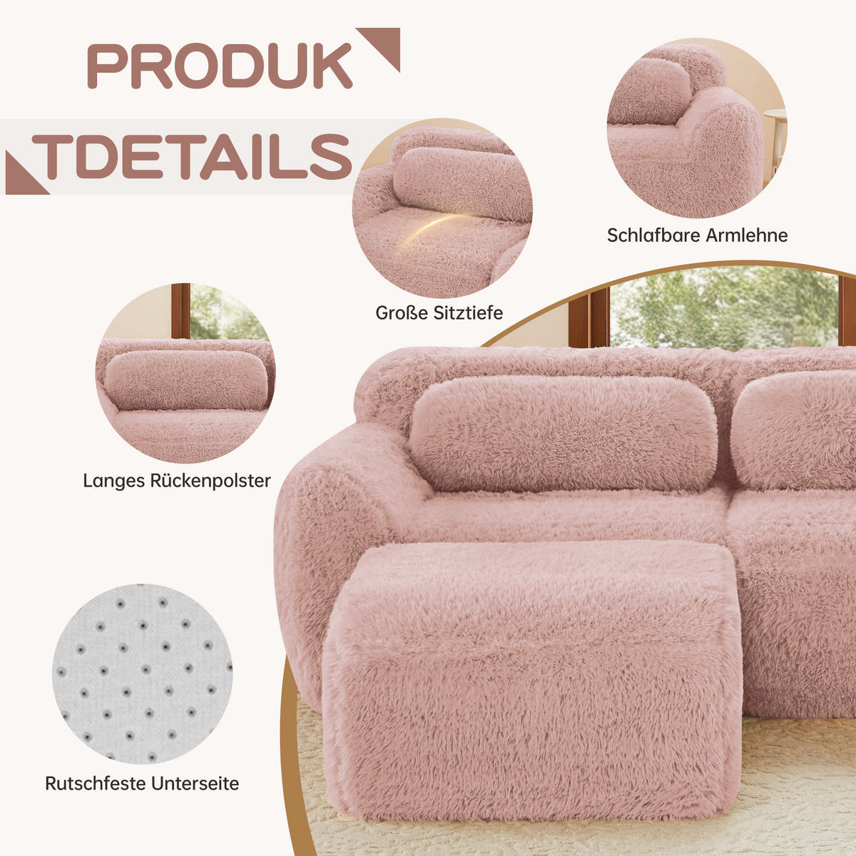 SCHLAFSOFA 2-Sitzer aus Plüschstoff mit 2 Hockern, Rosa - Rosa, Textil (204/73/179cm)