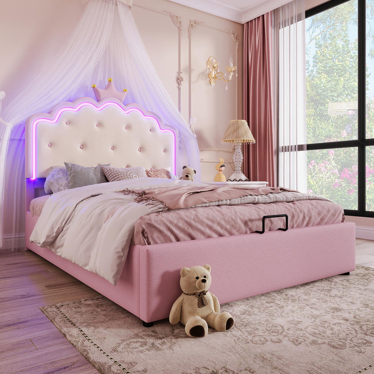 POLSTERBETT 140x200cm Rosa PU Kronprinzessinnenform Hydraulik LED-Licht - Pink, Holz (140/200cm) - FLIEKS