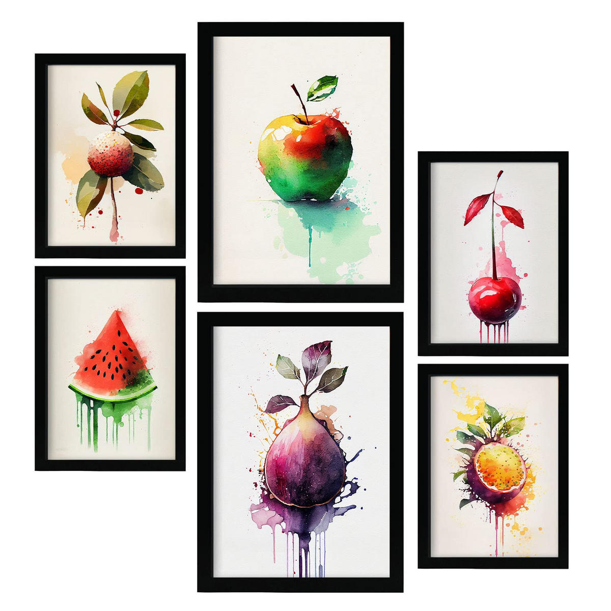 POSTER Set Mit 6 Regenbogenfrucht Größe A3 & A4 Schwarzer Rahmen - Schwarz, Papier (29.7/1cm) - Nacnic